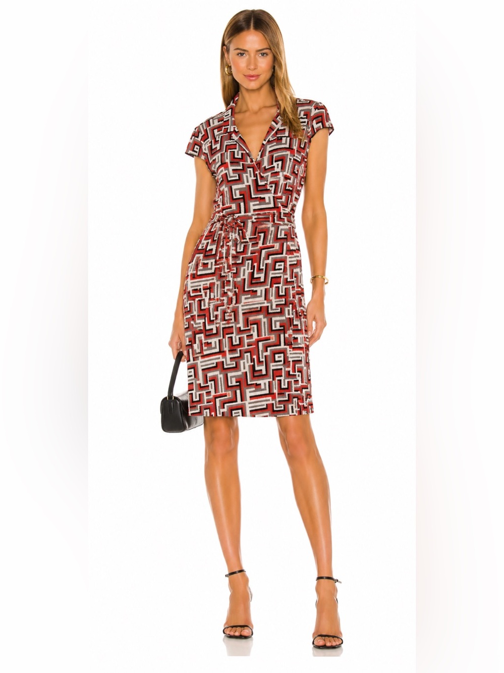 Diane Von Furstenberg silk Geometric Midi Dress in Rust and Cream